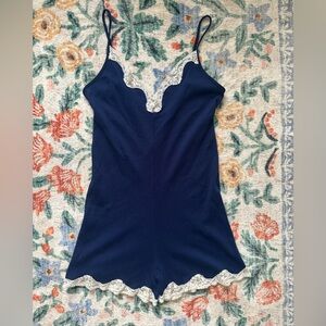 Vintage Navy Lace Trim Sleep Romper